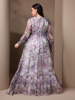 Spring Summer 2024 Plus Size Womens Dresses V Neck Casual Elegant Ruffle Sleeve Floral Print Layer Hem Long Maxi Dress