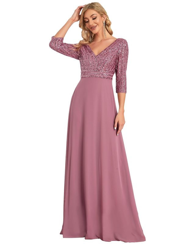 Women's Elegant Formal Dress V-Neck Long Sleeve Sequin Maxi Chiffon Evening Dresses 00751