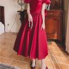 Women’S Beaded Bow Accent Midi Dress - Square Neck Satin for Spring Weddings & Parties
