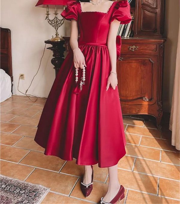 Women’S Beaded Bow Accent Midi Dress - Square Neck Satin for Spring Weddings & Parties