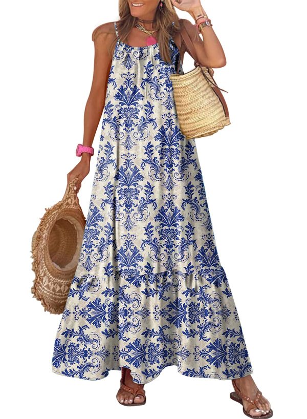 Women Summer Dresses 2025 Spaghetti Strap Scoop Neck Smocked Ruffle Flowy Boho Maxi Dress