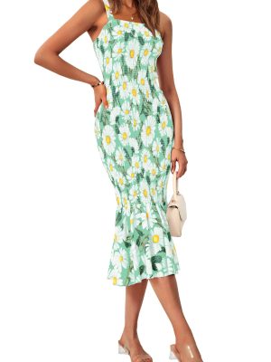 Women's Summer Floral Midi Tank Dress Sleeveless Strappy Ruffle Hem Smocked Bodycon Dresses