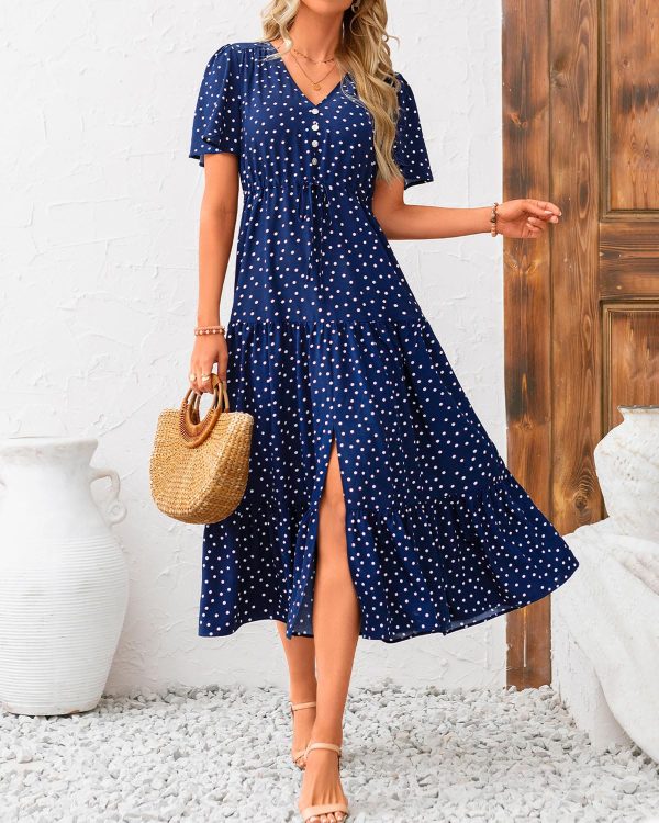 Women Summer Dresses 2025 Casual Short Sleeve V Neck Split Maxi Dress Button Drawstring Beach Long Dress