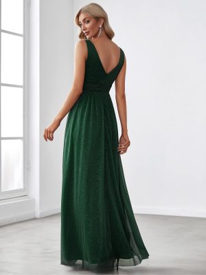 Women's V-Neck High Wasit Glitter Maxi Evening Dress 07764-USA