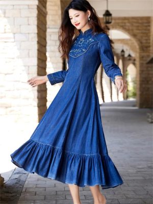 Women Stand Collar Embroidery Split Joint Ruffles A-Line Vintage Slim Embroidery Long Sleeve Denim Dress