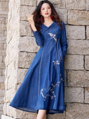 Women Long Sleeve Vintage A-Line Midi Dress Chinese Style Embroidery Jeans Dress V-Neck Denim Dress