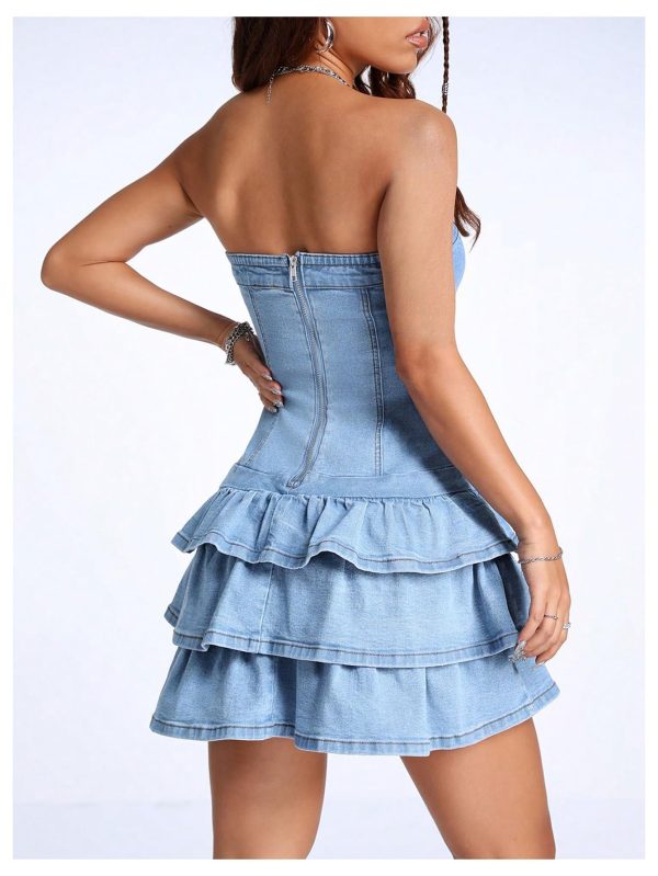 Women's Sexy Jeans Denim Strapless Dresses Bodycon Corset Tube Mini Dress