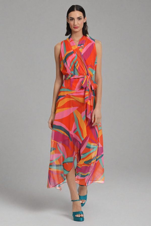 Women's Faux Wrap Shawl Collar High-Low Dress with Waist Tie