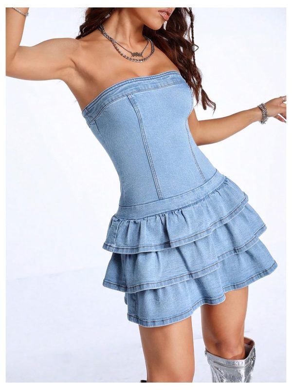 Women's Sexy Jeans Denim Strapless Dresses Bodycon Corset Tube Mini Dress