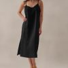Womens Pure Linen Summer V Neck Midi Spaghetti Strap Slip Dress with Pockets