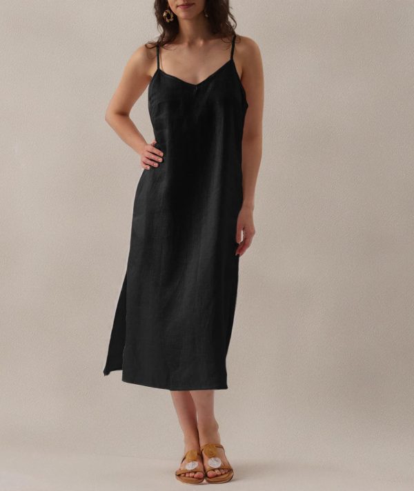 Womens Pure Linen Summer V Neck Midi Spaghetti Strap Slip Dress with Pockets