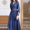 Women Vintage Blue A-Line High Waisted Retro Dresses Three Sleeve Belt Embroidery Denim Dress