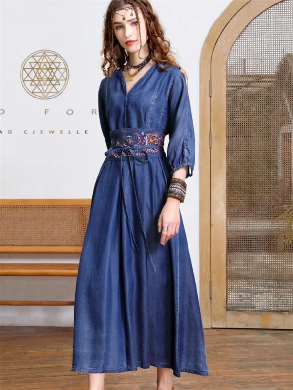 Women Vintage Blue A-Line High Waisted Retro Dresses Three Sleeve Belt Embroidery Denim Dress