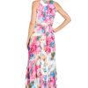 Flowing Watercolor Floral Halter Maxi Dress W/Tiered Ruffle Hem