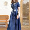 Women Summer Vintage Single Breasted A-Line Denim Dress V-Neck Embroidery Split Joint Dresses
