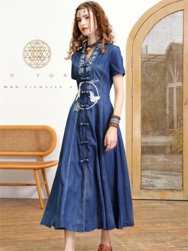 Women Summer Vintage Single Breasted A-Line Denim Dress V-Neck Embroidery Split Joint Dresses