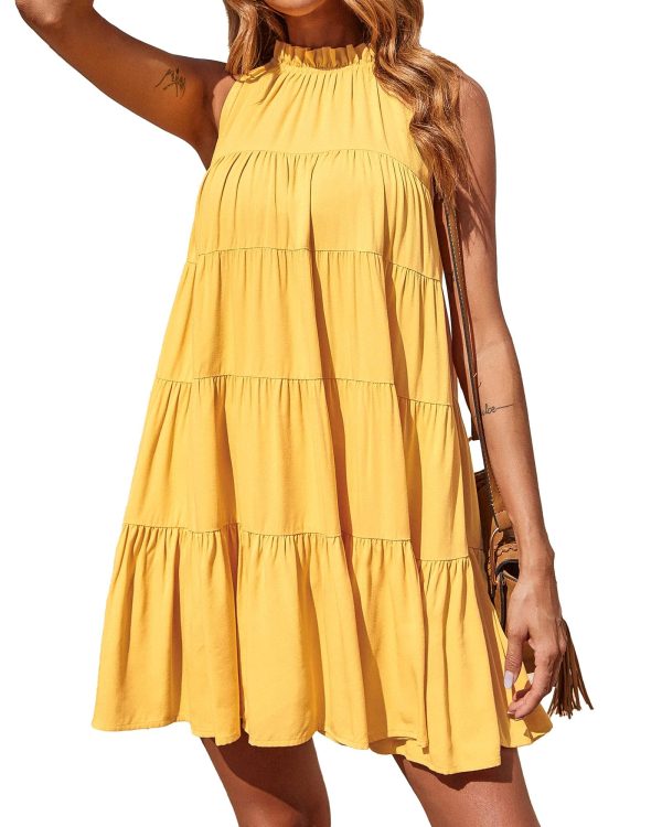Womens Summer Dresses 2025 Halter Sleeveless A Line Tiered Swing Sundress Casual Beach Vacation Mini Dress