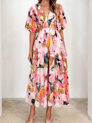 Women's Boho Floral Midi Dress Smocked Beach Flowy Dress