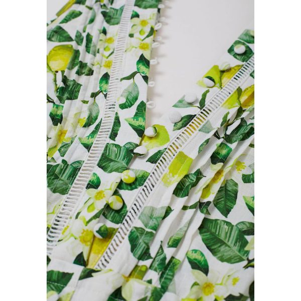 Women V Neck Sleeveless Cotton Midi Dress Lemon Printed Button Beach Vacation Summer Long Dress with Side Pockets