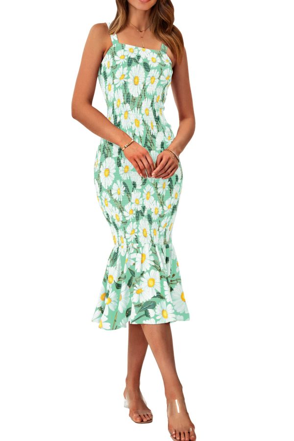 Women's Summer Floral Midi Tank Dress Sleeveless Strappy Ruffle Hem Smocked Bodycon Dresses