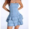 Women's Sexy Jeans Denim Strapless Dresses Bodycon Corset Tube Mini Dress