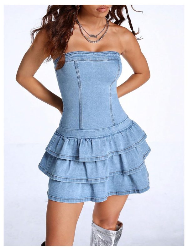 Women's Sexy Jeans Denim Strapless Dresses Bodycon Corset Tube Mini Dress