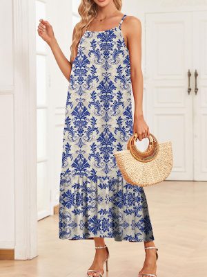 Women Summer Dresses 2025 Spaghetti Strap Scoop Neck Smocked Ruffle Flowy Boho Maxi Dress