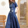 Women Summer Vintage Single Breasted A-Line Denim Dress V-Neck Embroidery Split Joint Dresses