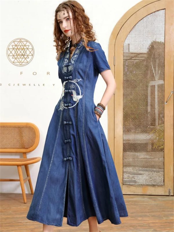 Women Summer Vintage Single Breasted A-Line Denim Dress V-Neck Embroidery Split Joint Dresses