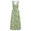 Women V Neck Sleeveless Cotton Midi Dress Lemon Printed Button Beach Vacation Summer Long Dress with Side Pockets