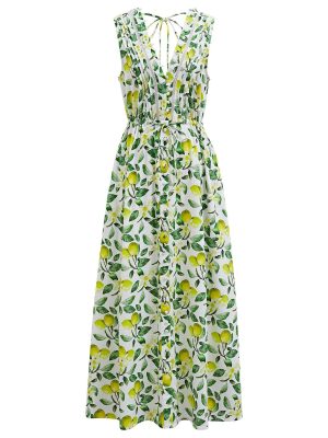 Women V Neck Sleeveless Cotton Midi Dress Lemon Printed Button Beach Vacation Summer Long Dress with Side Pockets