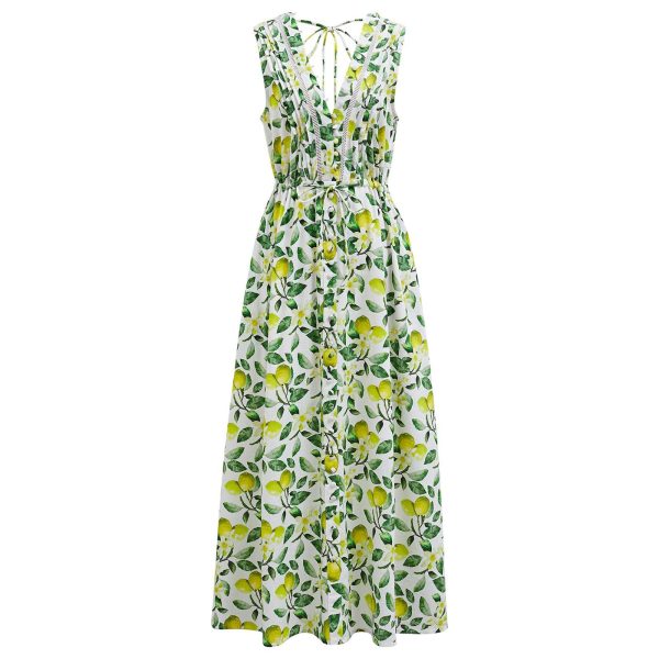 Women V Neck Sleeveless Cotton Midi Dress Lemon Printed Button Beach Vacation Summer Long Dress with Side Pockets