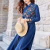 Women A-Line Denim Dress Embroidery Floral Vintage Midi Dress Long Sleeve Slim Joint Jeans Dress