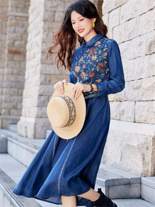 Women A-Line Denim Dress Embroidery Floral Vintage Midi Dress Long Sleeve Slim Joint Jeans Dress