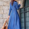 Women Long Sleeve Vintage A-Line Midi Dress Chinese Style Embroidery Jeans Dress V-Neck Denim Dress