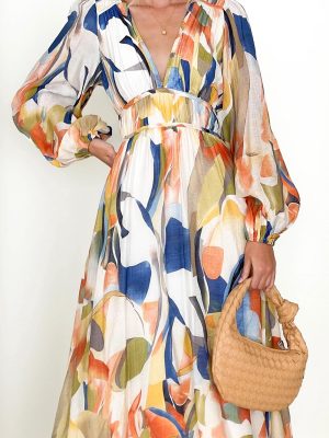 Women's Long Sleeve Boho Floral Maxi Dress Smocked Beach Flowy Dress