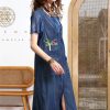 Women Summer Sleeveless Denim Dress V-Neck Zipper Embroidery Vintage Midi Dress Pockets Overall Jeans Dress