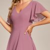 Women's V Neck Ruffle Sleeves Irregular Chiffon A-Line Midi Wedding Guest Dresses 01756