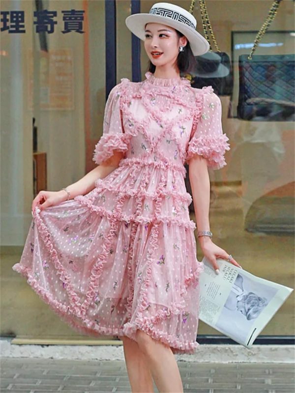 Women Embroidered Ruffle Summer Dress Light Short Sleeve Temperament Flower Dress