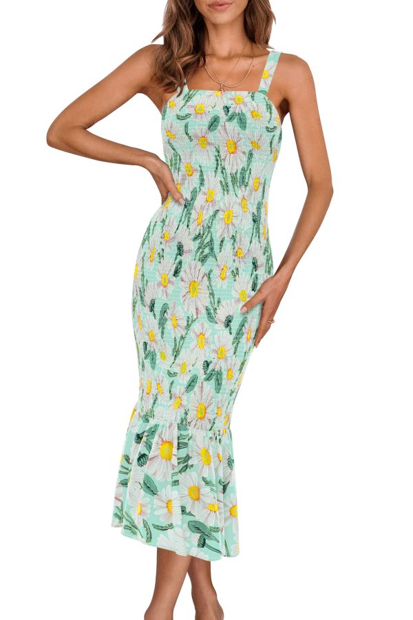 Women's Summer Floral Midi Tank Dress Sleeveless Strappy Ruffle Hem Smocked Bodycon Dresses