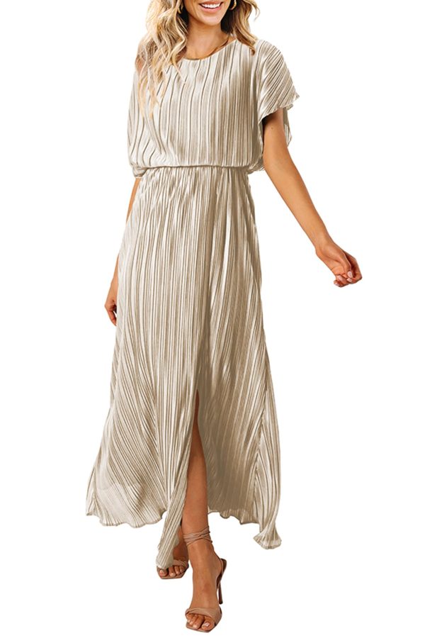Womens Summer Maxi Dresses: Casual Short Sleeve Crewneck Slit Sundress Ruffle Pleated Long Flowy Party Cocktail Dress