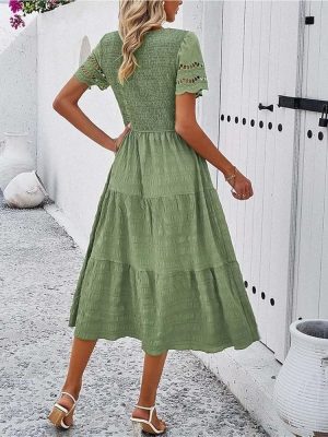Boho Hollow Dress Women Summer Solid Casual Short Sleeve Beach Holiday Mini Sundress Vacation Party Dress
