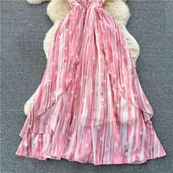 Printed Backless Dress Women Summer Criss Cross Flared Midi Beach Skirt Holiday Pleated Party Outfit
