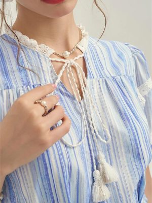Women French Retro Striped Dress Round Neck Lace-Up Waist Tie Bubble Sleeve Elegant Dresses