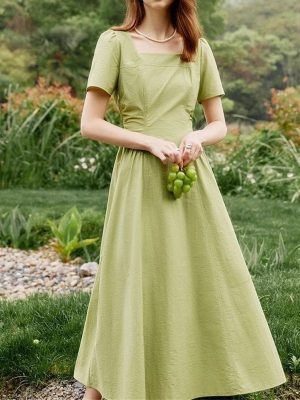 Women’S Cotton Square Neck Sundress - High Waist Casual Summer Office Wear