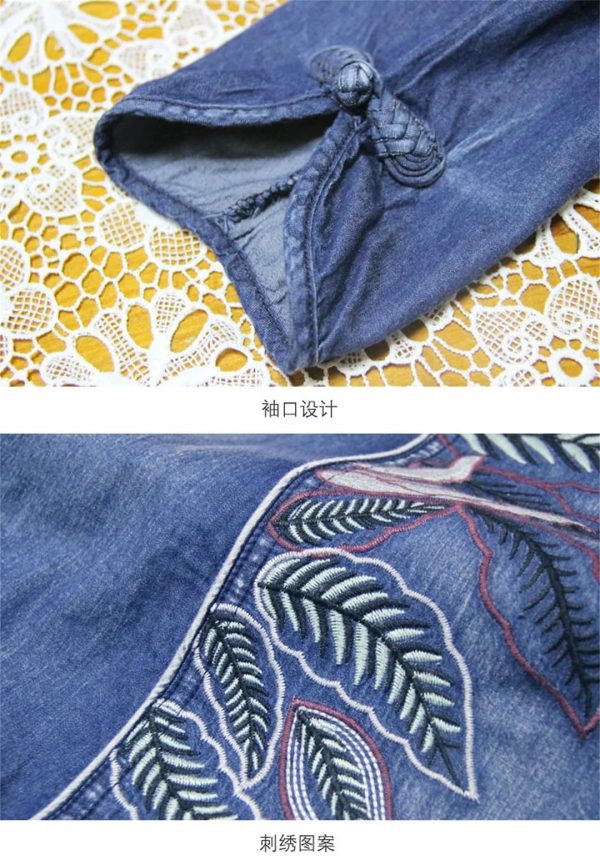 Women V-Neck Vintage Asymmetrical A-Line Dress Half Sleeve Buttons Retro Slim Chinese Denim Dresses