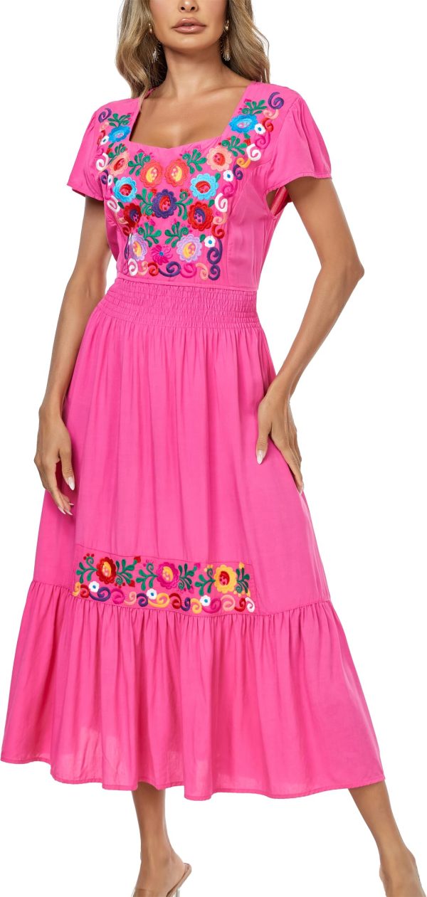 Women's Summer Maxi Dress Casual Floral Embroidered Round Neck Short Sleeve Ruffle Tiered Dress Flowy Boho Beach Sundress