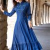 Women Stand Collar Embroidery Split Joint Ruffles A-Line Vintage Slim Embroidery Long Sleeve Denim Dress