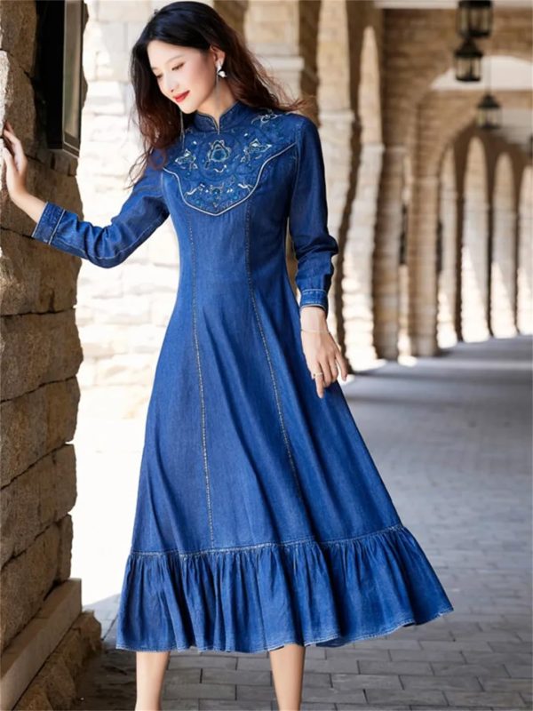 Women Stand Collar Embroidery Split Joint Ruffles A-Line Vintage Slim Embroidery Long Sleeve Denim Dress