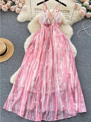 Printed Backless Dress Women Summer Criss Cross Flared Midi Beach Skirt Holiday Pleated Party Outfit